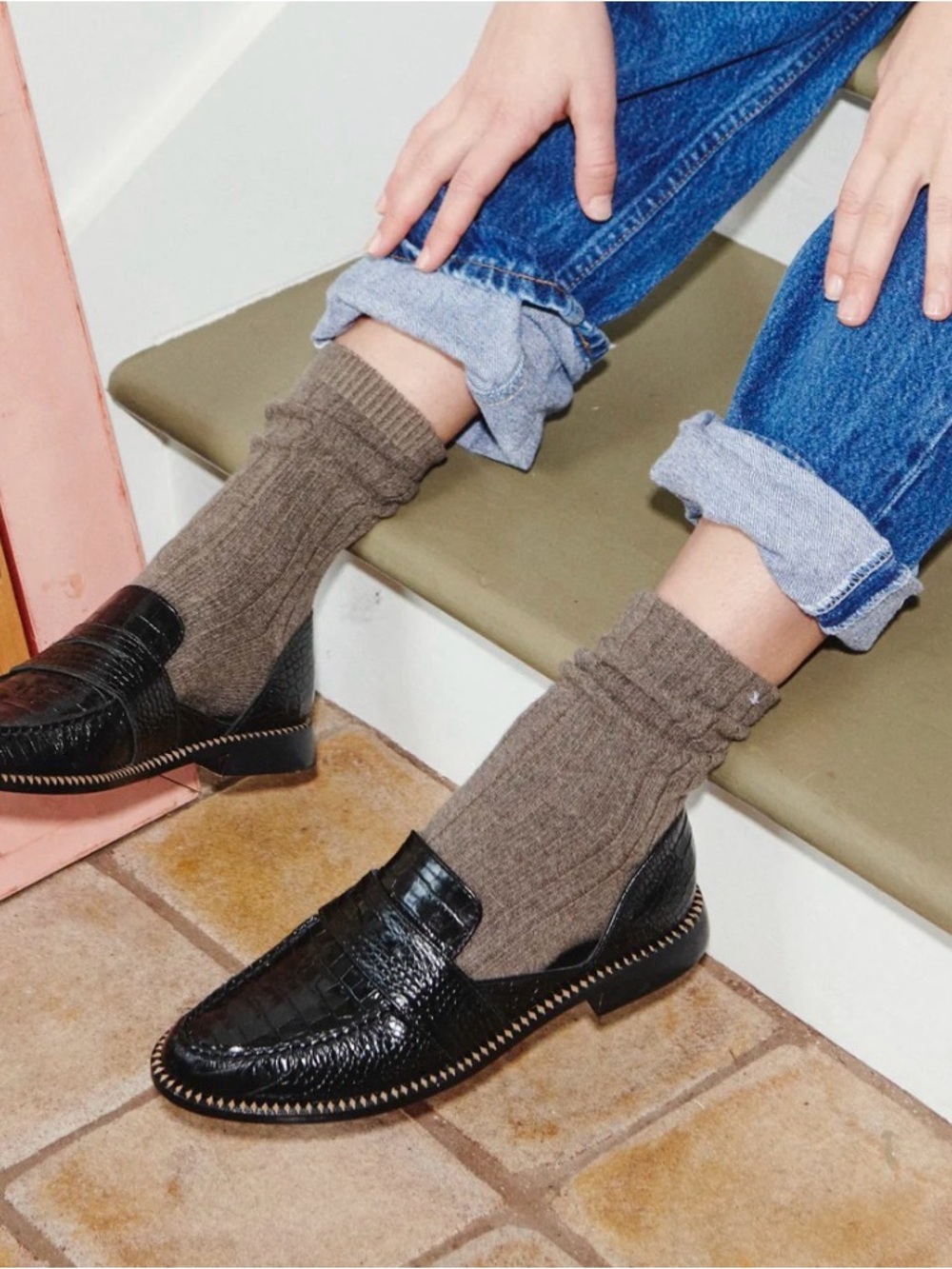 Freda Salvador Black Croc-Embossed Leather Penny Loafers